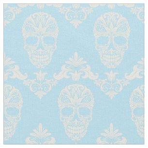 blue victorian skulls fabric