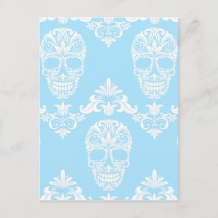blue victorian skulls postcard
