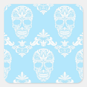 blue victorian skulls square sticker