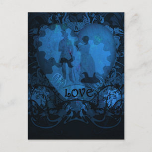 BLUE VICTORIAN STEAMPUNK LOVE COUPLE POSTCARD