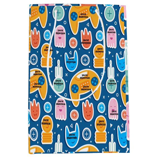 Blue Video Game Pattern Personalised Birthday  Medium Gift Bag (Front)