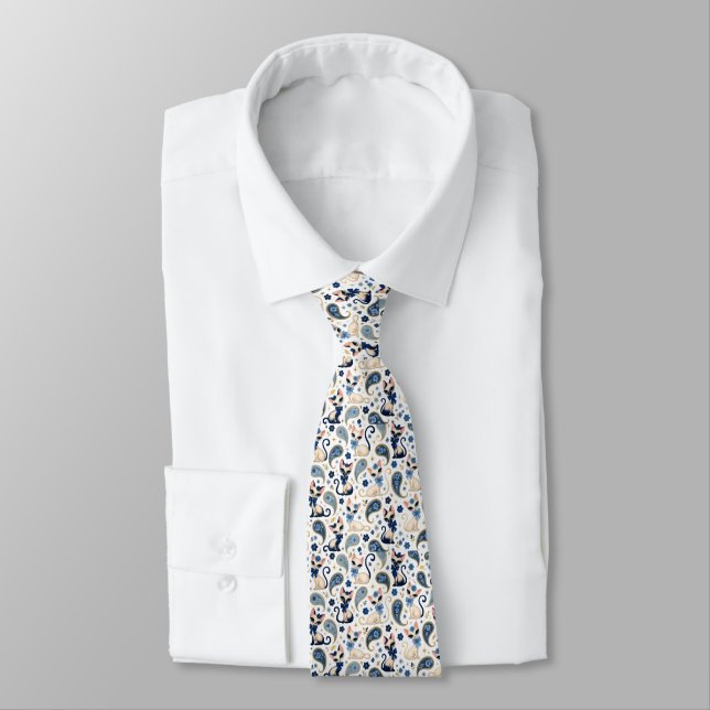 Blue Vintage 1960's Paisley Cat Tie (Tied)