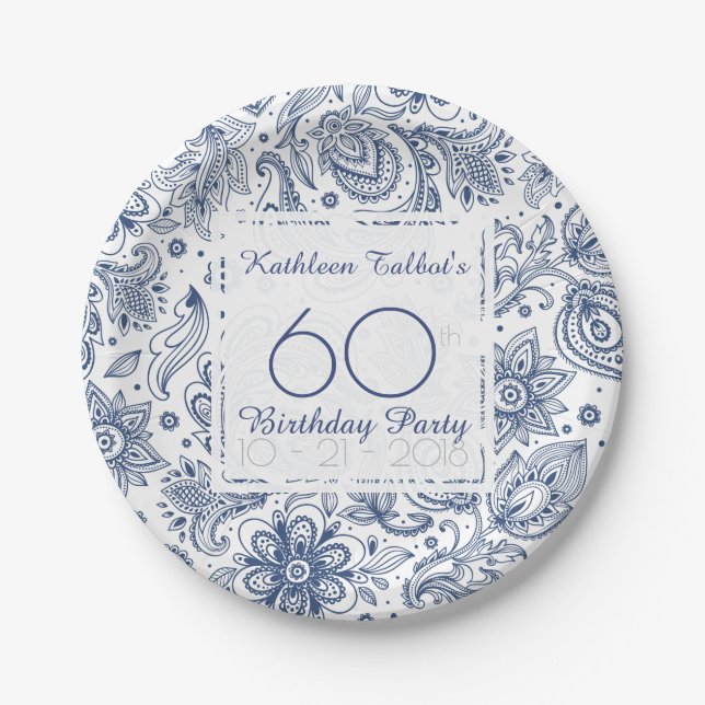 Blue Vintage 60th Birthday Party Paper Plate (Front)