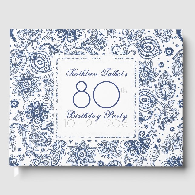 Blue Vintage 80th Birthday Party Guest Book (Front)