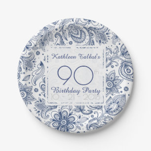 Blue Vintage 90th Birthday Party Paper Plate