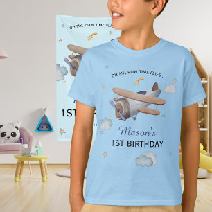 Blue Vintage Aeroplane Time Flies 1st Birthday T-Shirt