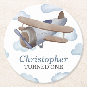 Blue Vintage Airplane Birthday Party Round Paper Coaster