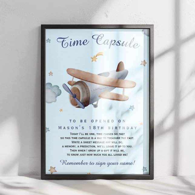 Blue Vintage Airplane Time Capsule 1st Birthday Poster (Creator Uploaded)