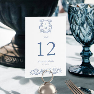 Blue Vintage Baroque Monogram Crest Wedding Table Number