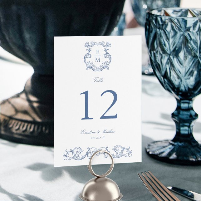 Blue Vintage Baroque Monogram Crest Wedding Table Number (Creator Uploaded)