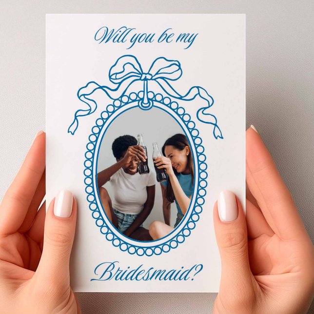 Blue Vintage Beaded Frame Bow Bridesmaid Proposal Invitation (Vintage Beaded Frame Navy Blue)