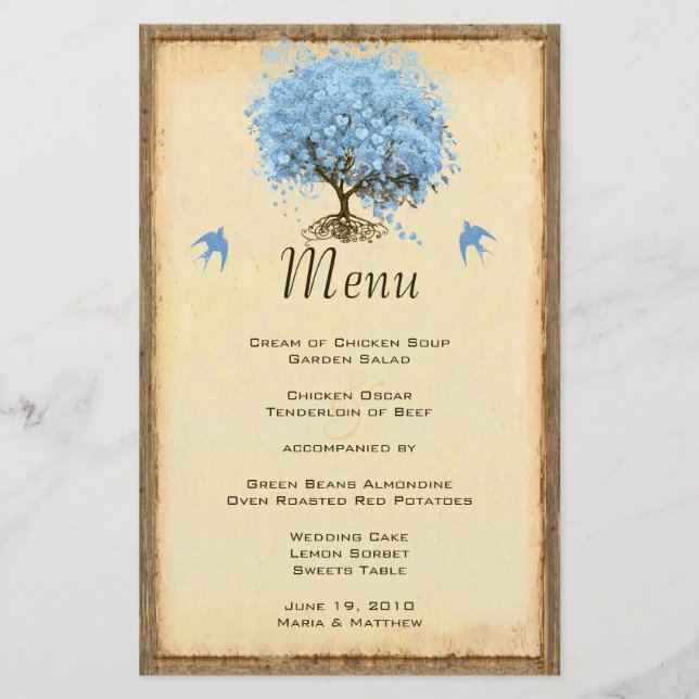 Blue Vintage Bird Heart Leaf Tree Wedding Menu (Front)