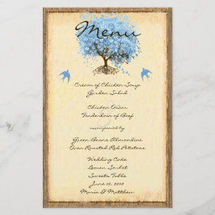 Blue Vintage Bird Heart Leaf Tree Wedding Menu