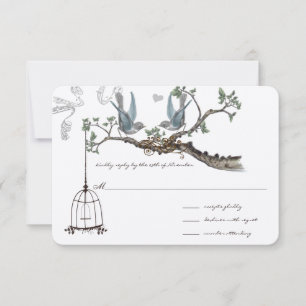 Blue Vintage Birds and Birdcage Weddings RSVP Card