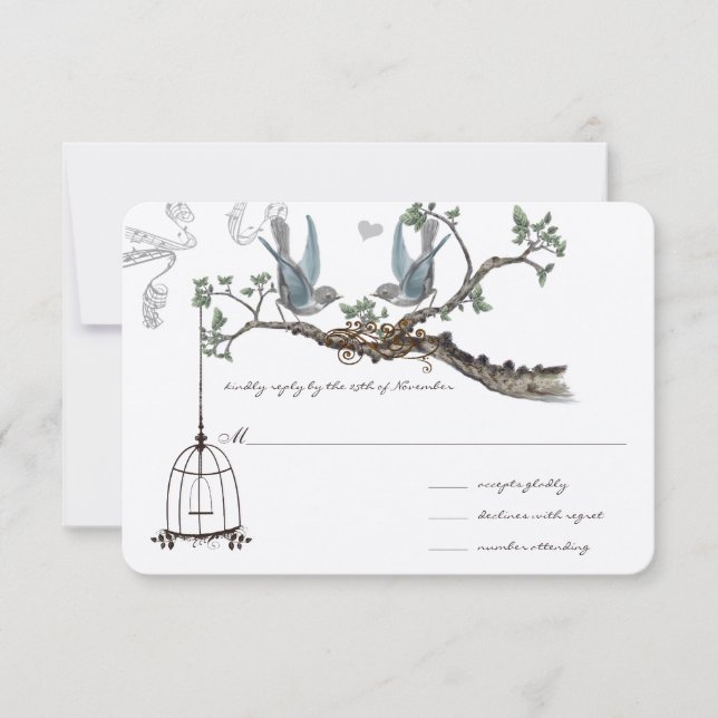 Blue Vintage Birds and Birdcage Weddings RSVP Card (Front)