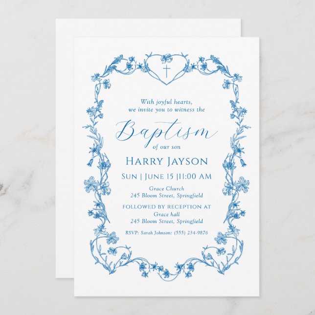 Blue Vintage Blue Floral Frame Baptism Invitation (Front/Back)