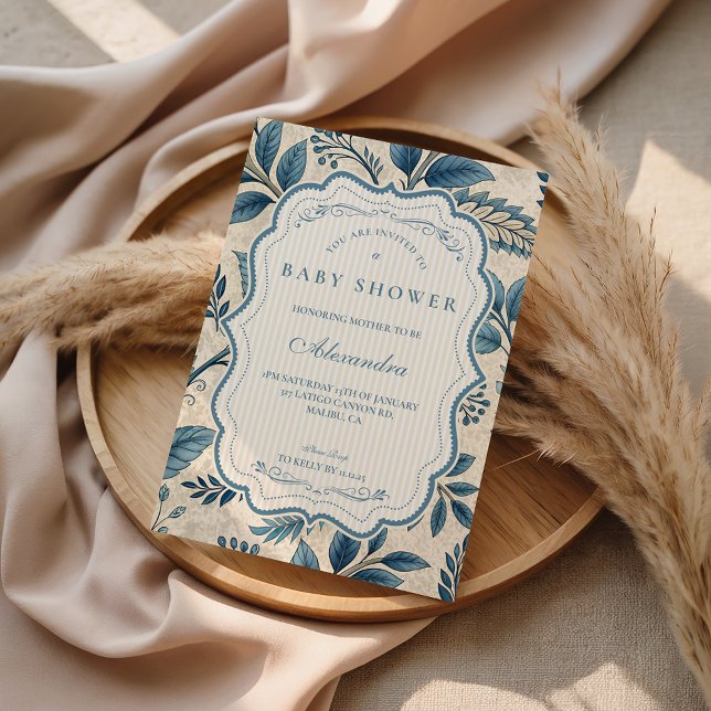 Blue Vintage Botanical Baby Shower Invitation (Creator Uploaded)