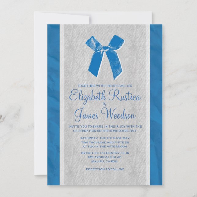 Blue Vintage Bow & Linen Wedding Invitations (Front)