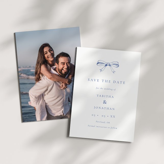 Blue Vintage Bow Photo Wedding Save The Date (Creator Uploaded)