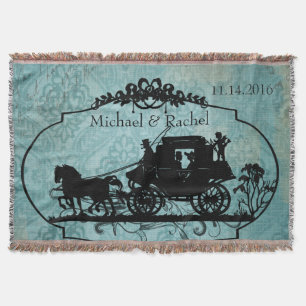 Blue Vintage Bride and Groom Horse and Buggy Throw