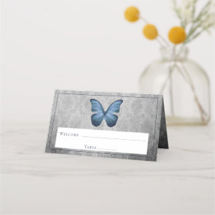 Blue Vintage Butterfly Damask Reception Place Card