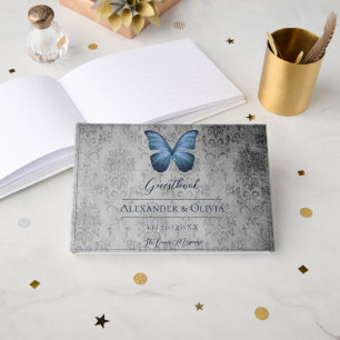 Blue Vintage Butterfly Damask Wedding Guest Book