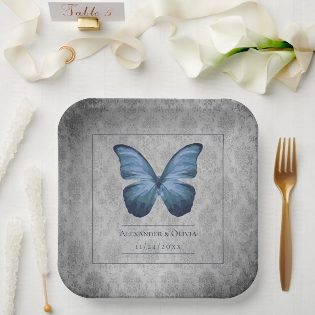 Blue Vintage Butterfly Damask Wedding Paper Plate (Wedding)