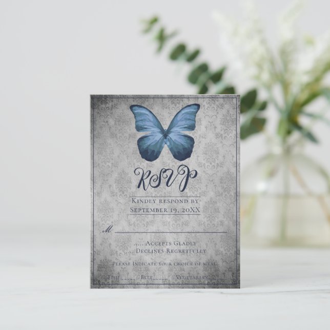 Blue Vintage Butterfly Damask Wedding RSVP (Standing Front)
