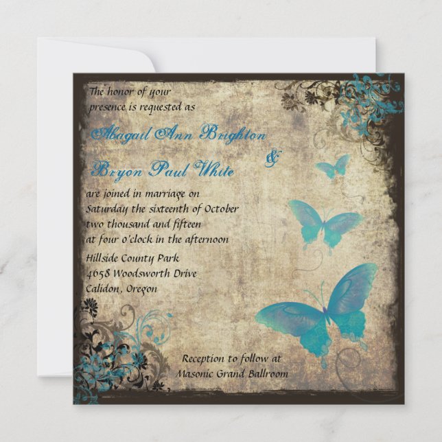 Blue Vintage Butterfly Wedding Invitation (Front)