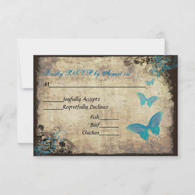 Blue Vintage Butterfly Wedding RSVP Card (Front)