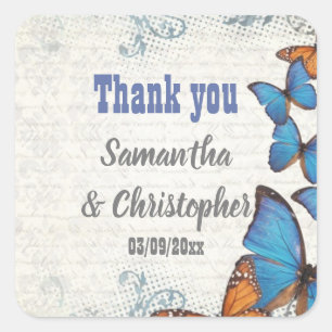 Blue vintage butterfly wedding thank you square sticker