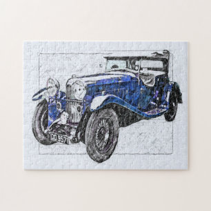 Blue Vintage Car Illustration Drawing Jigsaw Puzzle