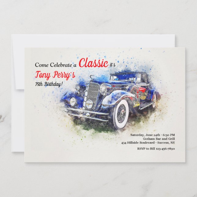 Blue Vintage Car Invitation (Front)