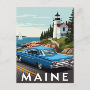 🚗 Blue Vintage Car Maine Coastal Road Postcard