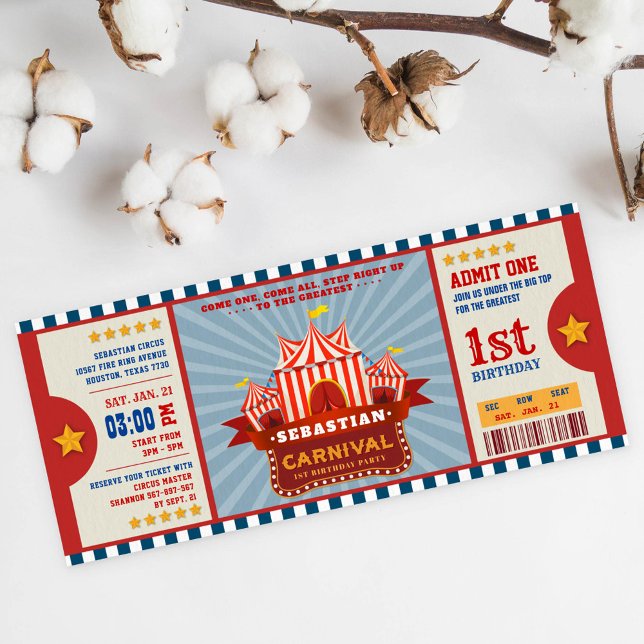 Blue Vintage Carnival Ticket Entrance Birthday Invitation (Creator Uploaded)