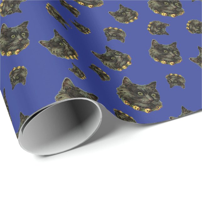 Blue Vintage Cat with Bells Wrapping Paper (Roll Corner)