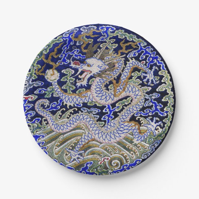 blue vintage Chinese tattoo Embroidery dragon Paper Plate (Front)