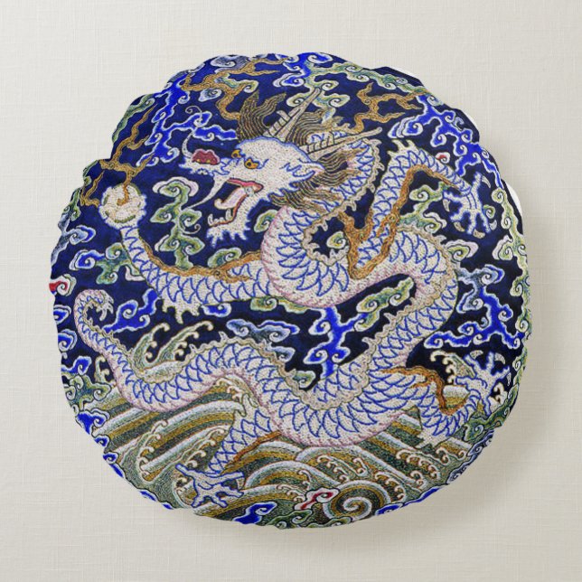 blue vintage Chinese tattoo Embroidery dragon Round Cushion (Front)