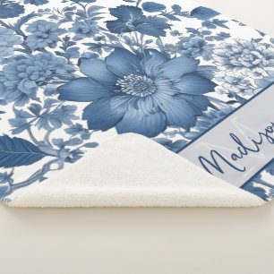 Blue Vintage Chinoiserie Floral Personalised Sherpa Blanket