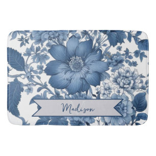 Blue Vintage Chinoiserie Floral Personalized Bath Mat
