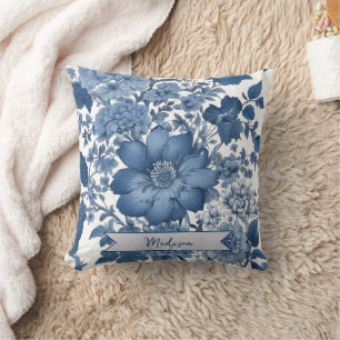 Blue Vintage Chinoiserie Floral Personalized Cushion