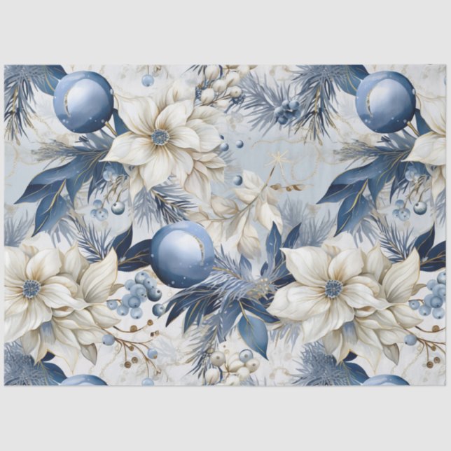 Blue Vintage Christmas Floral Decoupage  Tissue Paper (Front)