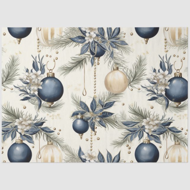 Blue Vintage Christmas Floral Decoupage  Tissue Paper (Front)