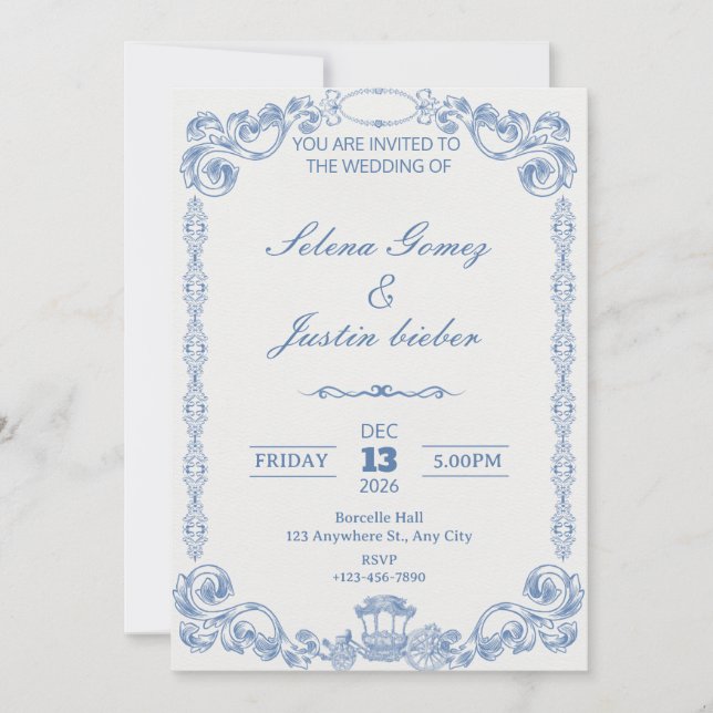 Blue Vintage Classic Elegant Wedding Invitation (Front)