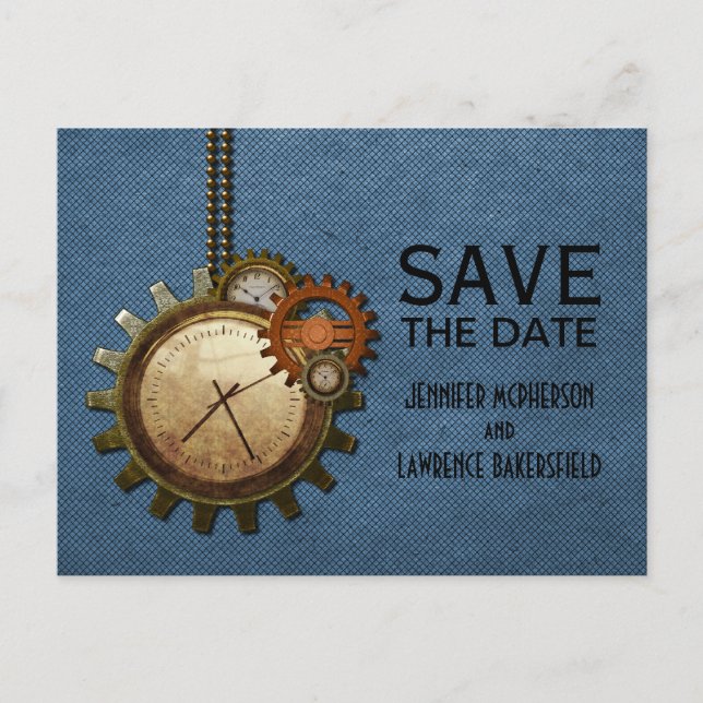 Blue Vintage Clock Save the Date Postcard (Front)