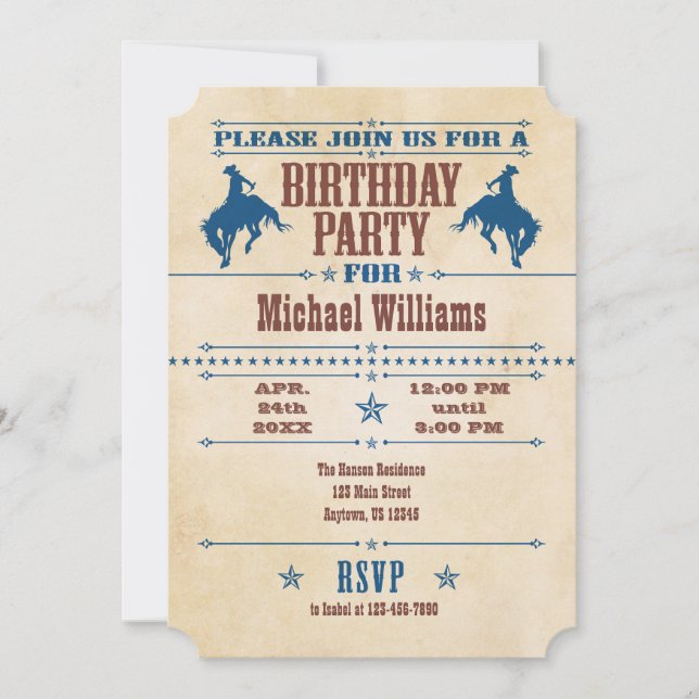 Blue Vintage Cowboy Birthday Invitation (Front)