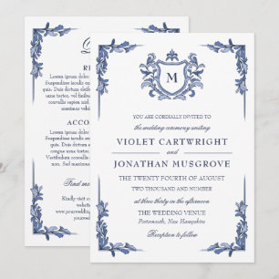 Blue Vintage Crest Monogram Wedding 2 in 1 Details Invitation