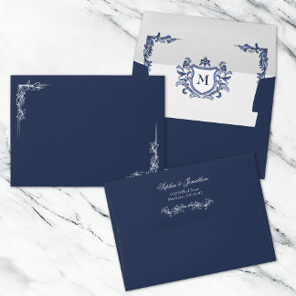 Blue Vintage Crest Monogram Wedding Envelope