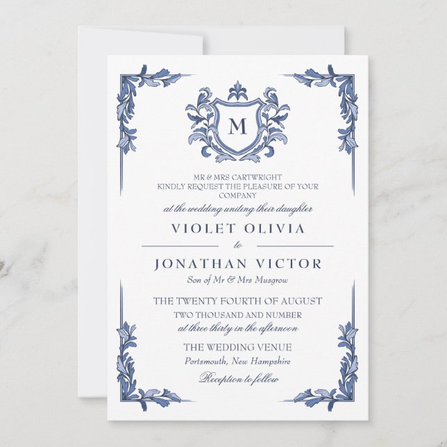 Blue Vintage Crest Monogram Wedding Invitation (Front)