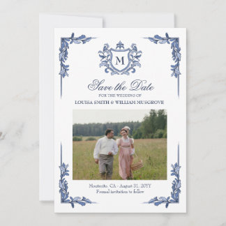 Blue Vintage Crest Monogram Wedding Save The Date